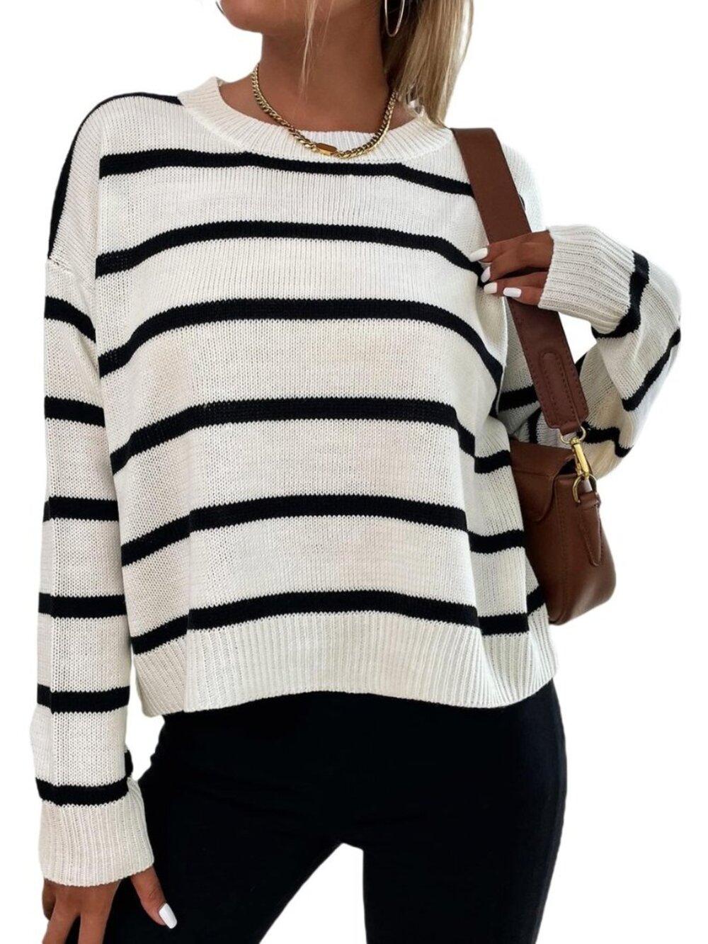 Women's Striped Sweater Oversized Cute Drop Shoulder Fall Tops